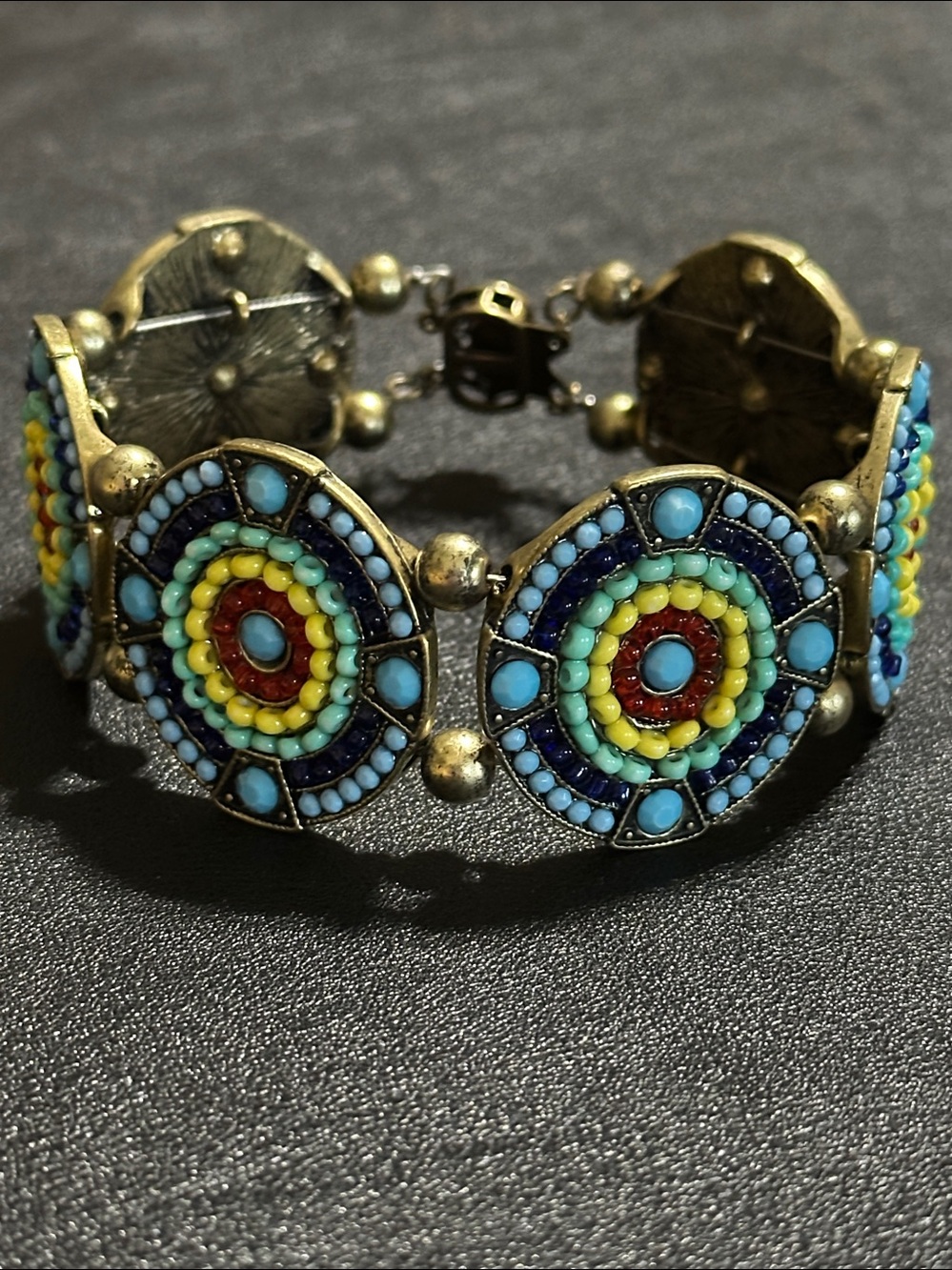 Bronze Tone Medallion Style Multicolored Bead Inlay Bracelet - Picture 14 of 16